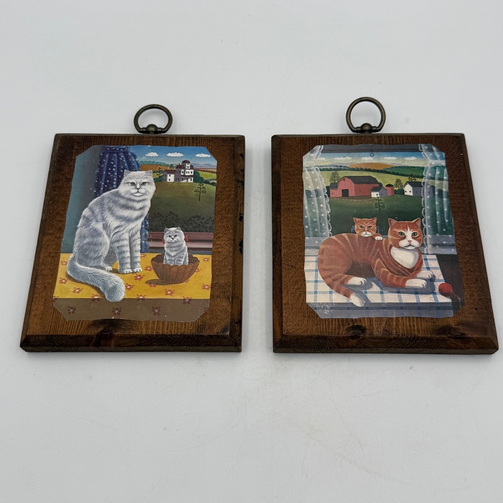 2 Vtg 1970/80's Folk Art Cat Wood Plaques Farmhouse Country Wall Decor 5x6.5